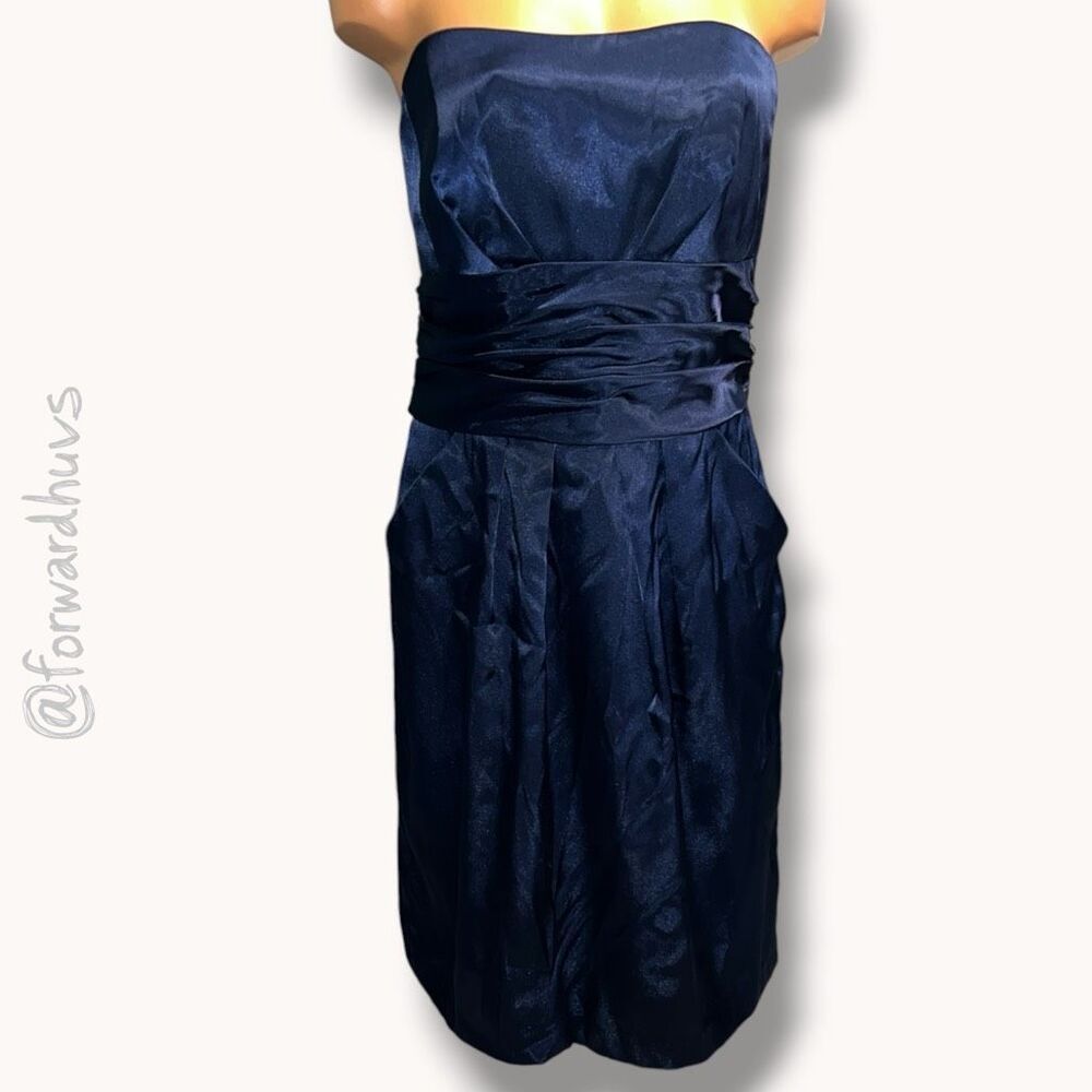 David’s Bridal Strapless Satin Cocktail Dress Navy Blue Pockets Size 10